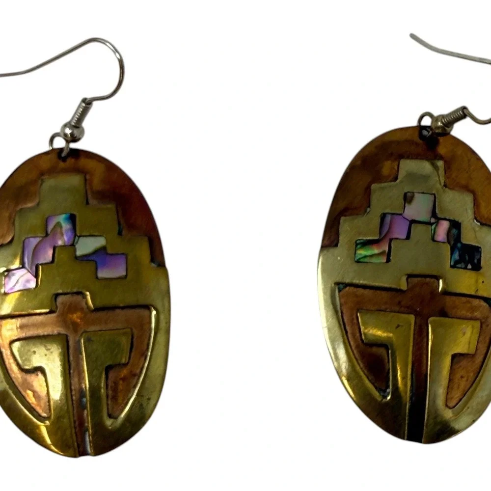 1980s CORBE Mexico Brass Abalone Cuff Bracelet & Earrings Geometric Dangle